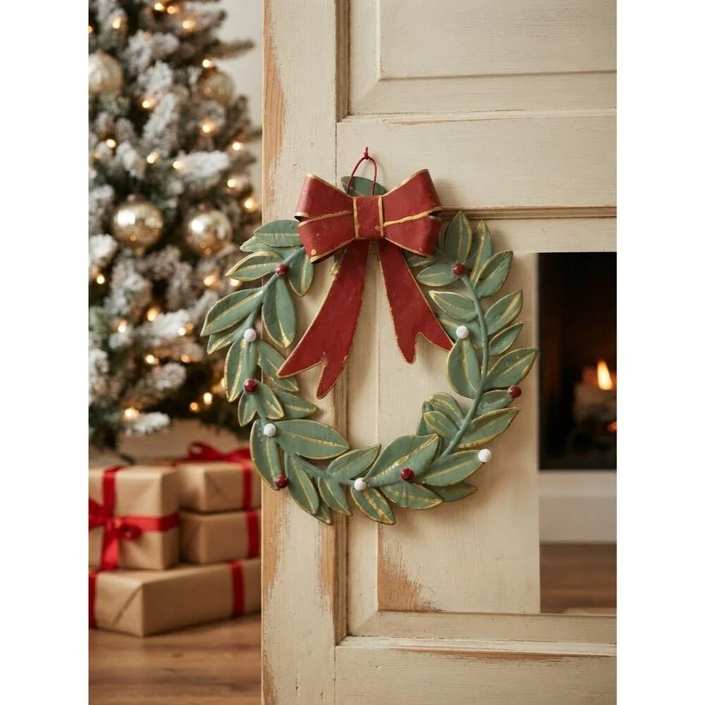 VTG 1980s Metal Christmas Wreath Wall, Door Decor Green Leaves Red Bow Berries